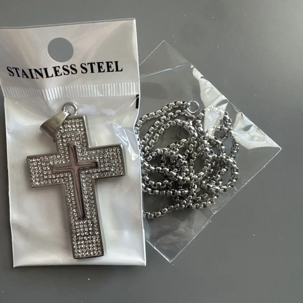 Triple Cross Pendant Silver Plated Cubic Zirconia 24” Chain Stainless Steel Gift